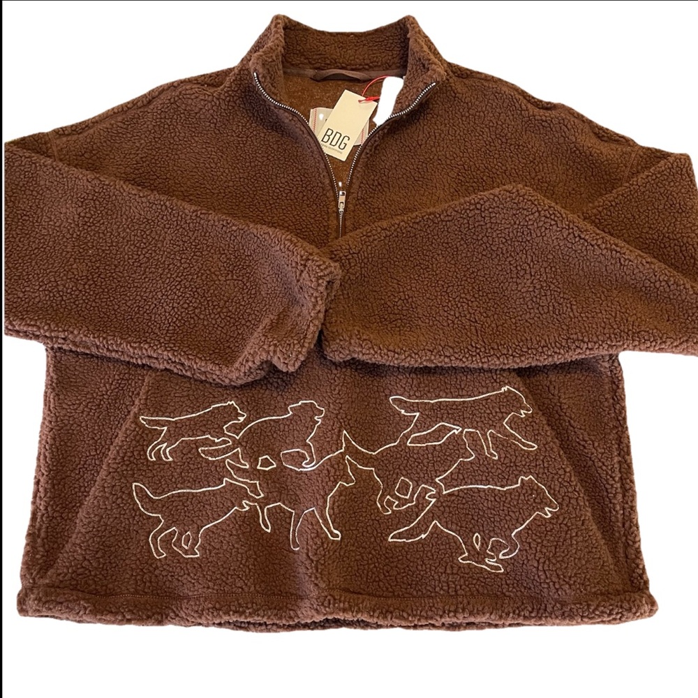 BDG Sweatshirt Fleece Half-Zip Mock Neck Large Brown Wolf Chainstitch NWT